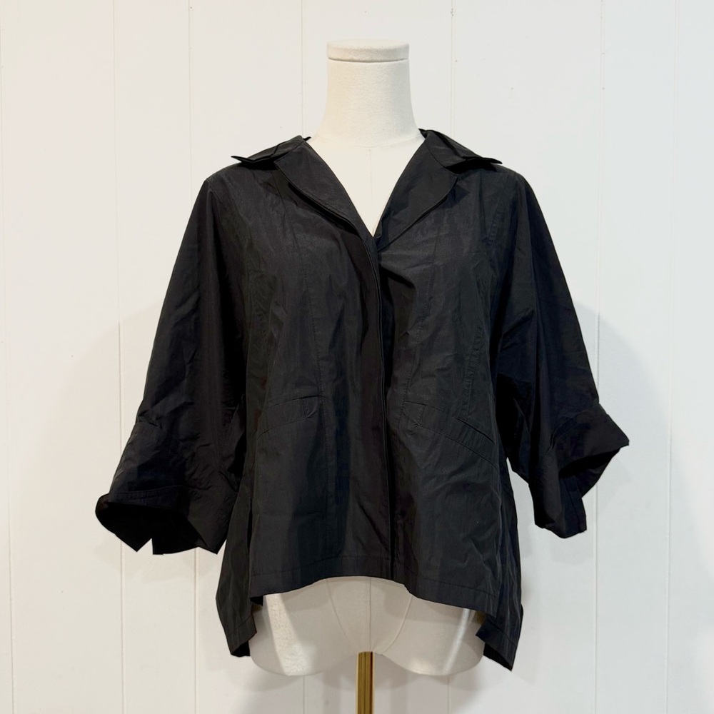 DEMOO Black Cotton Nylon Asymmetrical Button Down Top Korean Designer S/M - Picture 3 of 10